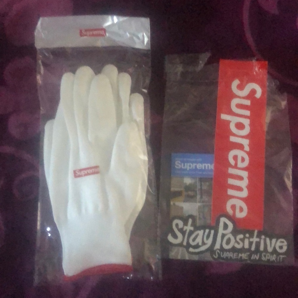 Supreme rubberized gloves w/ supreme stickers(3).